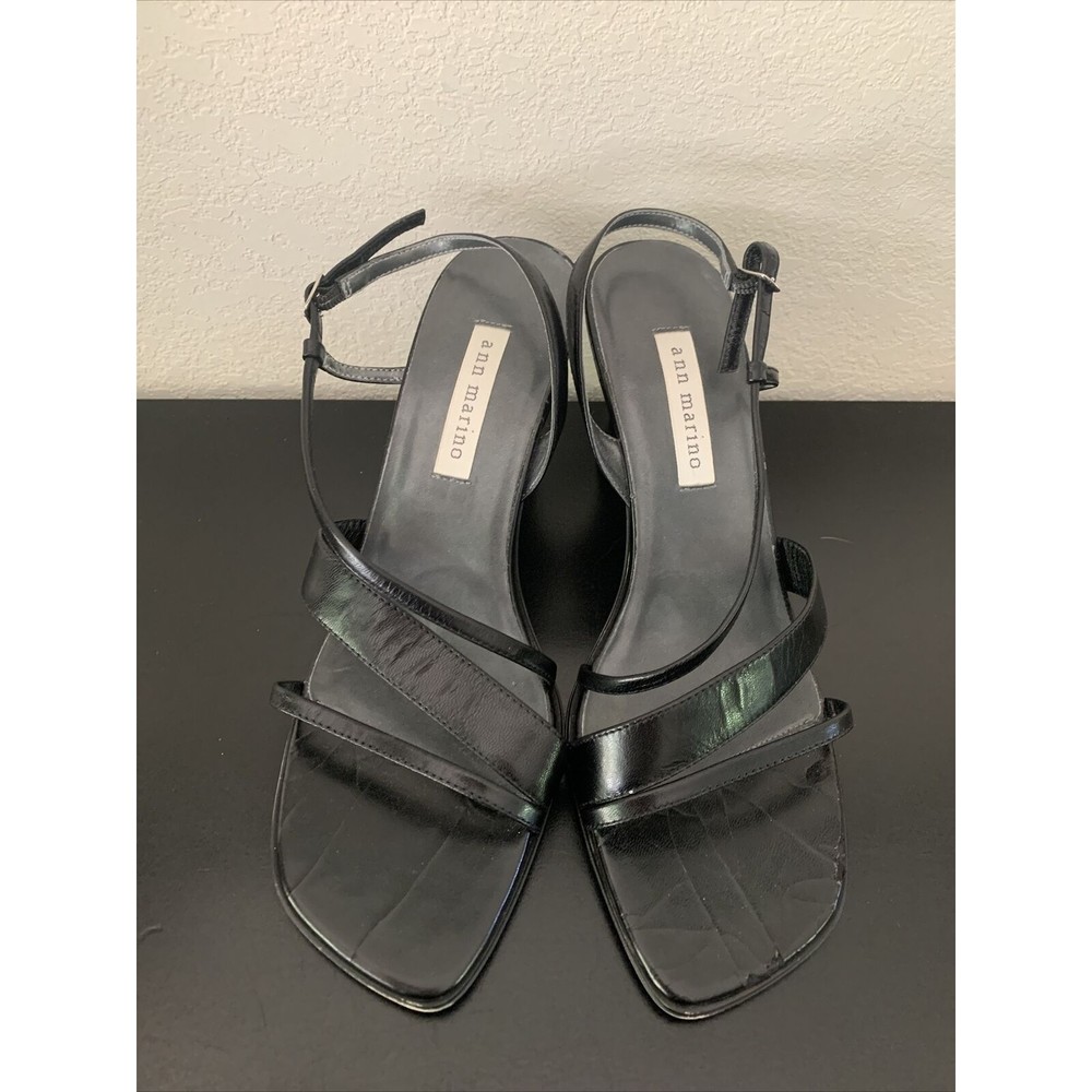 ANN MARINO Sandals Size 8 Black Leather Strappy square toe heels side buckle
